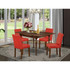 1MZAB5-MAH-72 5Pc Dining Set for 4 Includes a Dining Room Table and 4 Parsons Chairs with Firebrick Red Color PU Leather, Drop Leaf Table with Full Back Chairs, Mahogany Finish