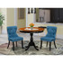 East West Furniture 3-Pc Dining Table Set Contains a Wood Dining Table and 2 Blue Linen Fabric Mid Century Modern Chairs with Button Tufted Back - Black Finish