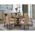 East West Furniture 7 Piece Dining Room Table Set Contains a Wooden Dining Table and 6 Light Sable Linen Fabric Kitchen Chairs with High Back - Distressed Jacobean Finish
