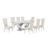 9pc Large(87") marble top dining set with silver base and  8 Cream side chairs