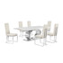 7pc Large(87") marble top dining set with silver base and 6 Cream side chairs