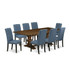 9-pc dining table set with Chairs Legs and Mineral Blue Linen Fabric