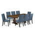 9-pc dining table set with Chairs Legs and Mineral Blue Linen Fabric