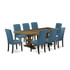 9-piece dining table set with Chairs Legs and Mineral Blue Linen Fabric