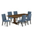 7-piece wood dining table set with Chairs Legs and Mineral Blue Linen Fabric