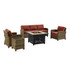 Bradenton 5Pc Outdoor Wicker Sofa Set W/Fire Table Weathered Brown/Sangria - Sofa, Side Table, Tucson Fire Table, & 2 Armchairs