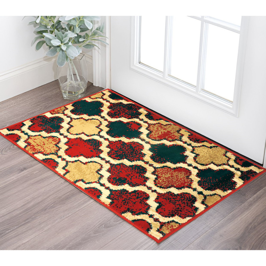 Classic Boho 2' X 3' Beige Quatrefoil Power Loom Distressed Area Rug Stain Resistant Living Room Carpet for Hallway