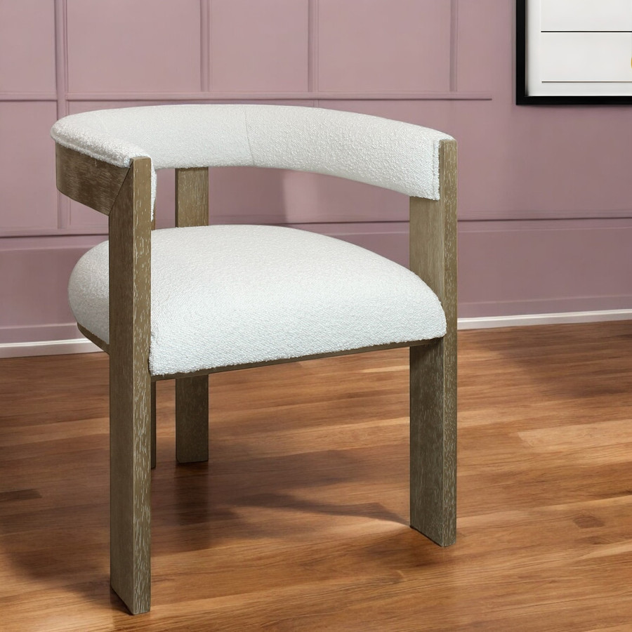 Ivory and Brown Boucle Upholstered Open Back Dining Arm Chair