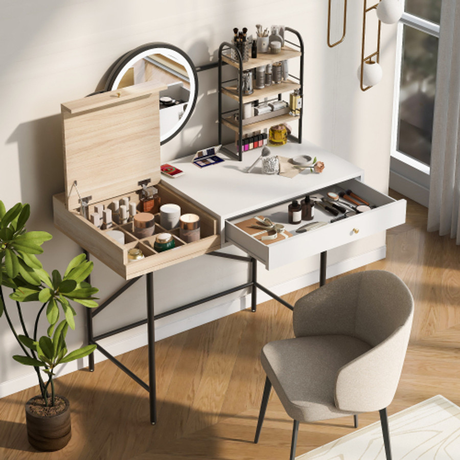  3-Mode Lighted Makeup Vanity Desk with Wireless Charging Station Vanity Table 3 Open Drawers Shelves for Ample Storage Space