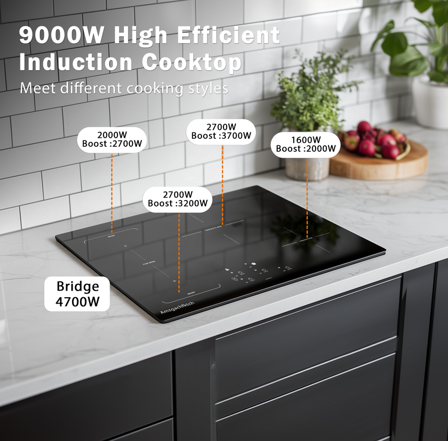 30 Inch Induction Cooktop - 4 Burner Built-In Electric Stove with Bridge-SYNC, Booster, Timer & Child Lock | 9000W  Black Glass