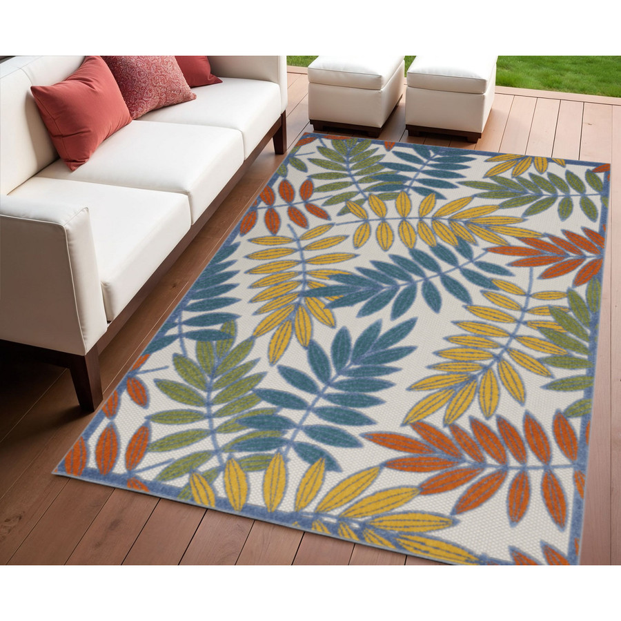 4' X 6' Indoor Outdoor Area Rug Ivory Yellow Orange Green and Blue Botanical Leaves