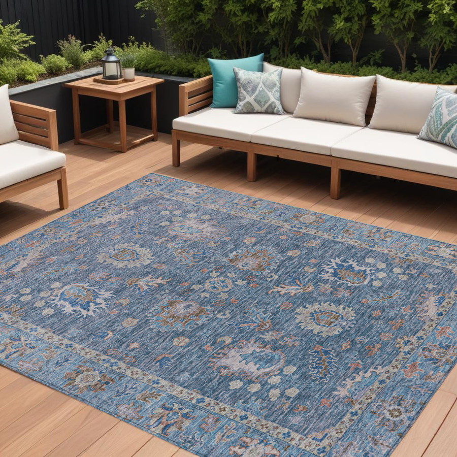 Floral Indoor/Outdoor Area Rug 9' X 12' Blue Beige for Home Decor Washable 9' X 12' Blue Beige for Home Decor Washable