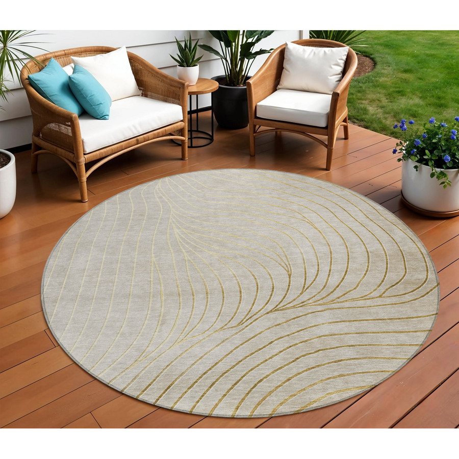 8' Beige and Silver Round Abstract Indoor/Outdoor Washable Carpet Elegant Area Rug for Home or Garden
