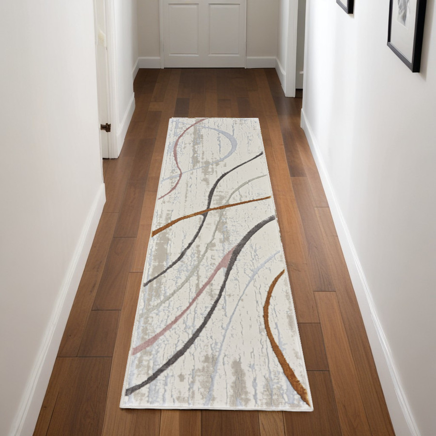  8' Ivory Black and Brown Abstract Non-Skid Runner Rug