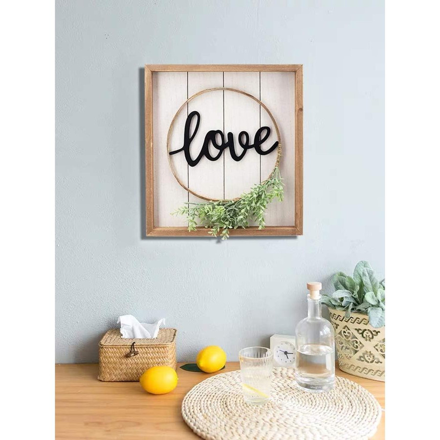 Love Decorative Sign Decor for Wall, Rustic Farmhouse Accent Love Sign Plaque with PVC Green Leaf for Living Room 