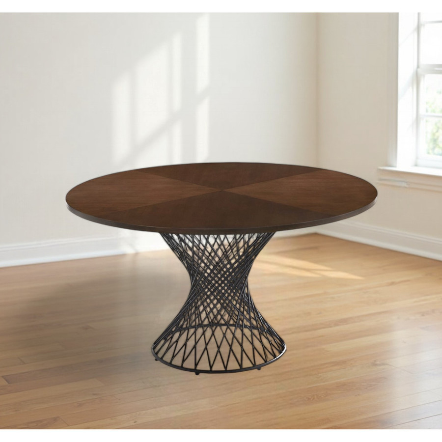 54" Solid Wood and Iron Pedestal Base Dining Table Brown and Black with Rounded Design