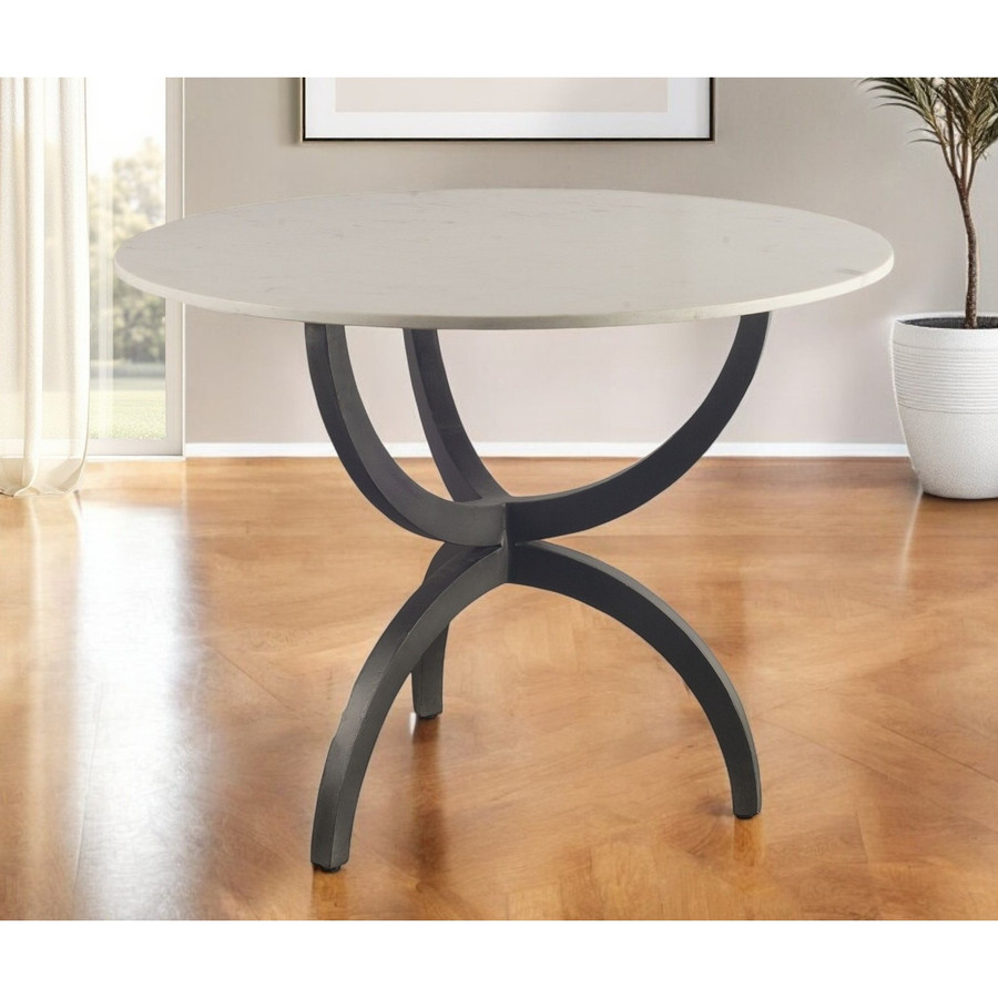 40" Dining Table with Off-White and Black Rounded Marble Top Three-Leg Base Made of Metal