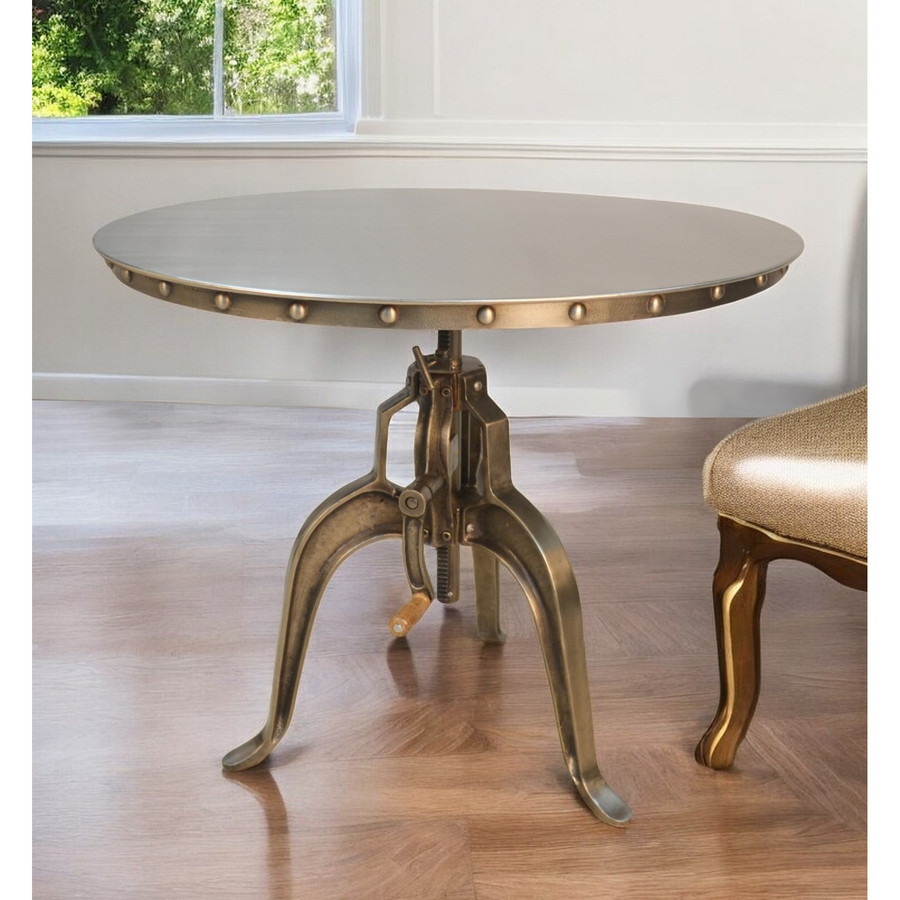 Antiqued Nickel Dining Table with Adjustable Height Three Leg Base Round Top