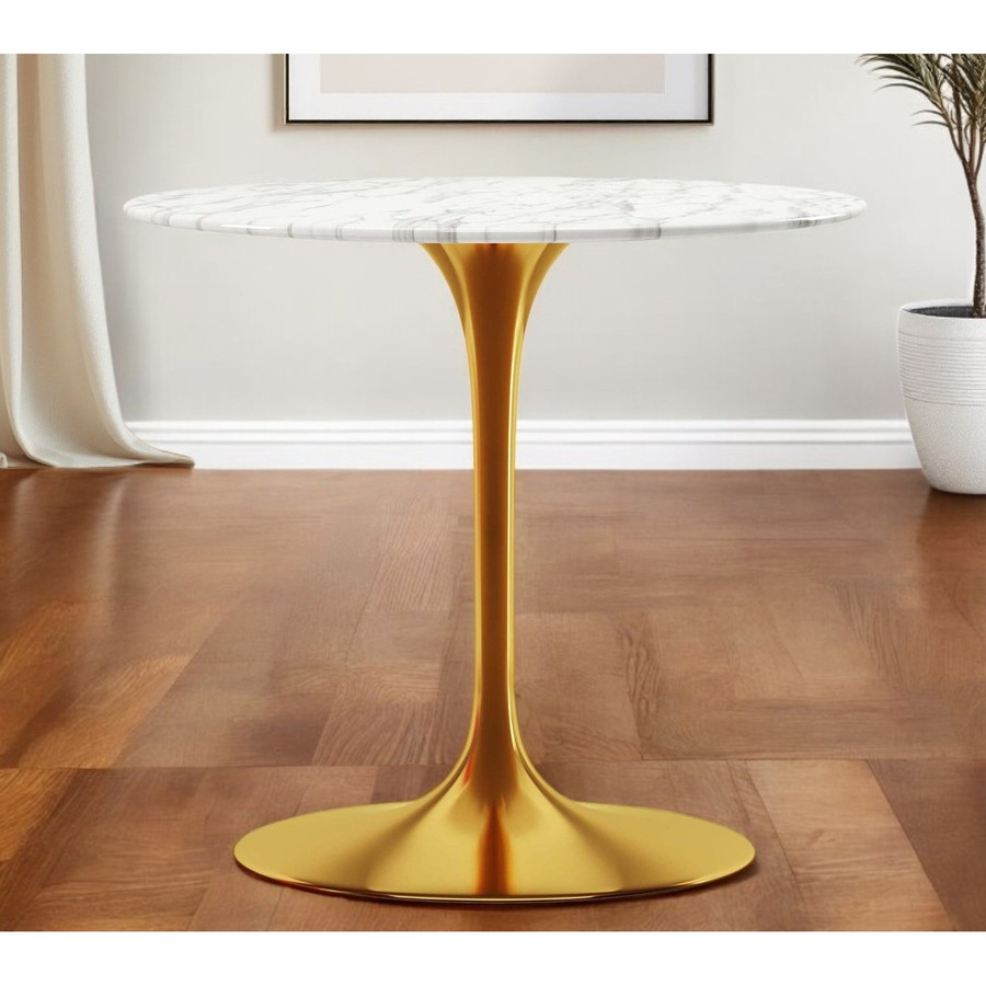 32" Extendable Dining Table White and Gold Marble with Modern Metal Design 