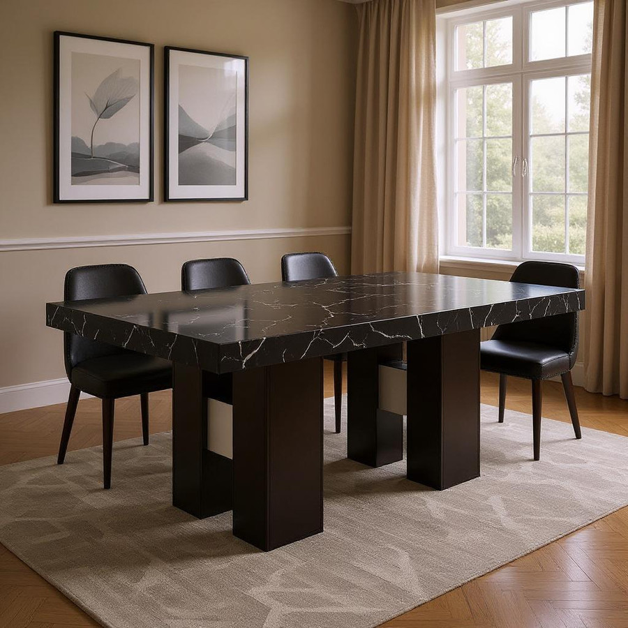 Black Faux Marble and Wood Double Pedestal Base Dining Table Elegant and Durable