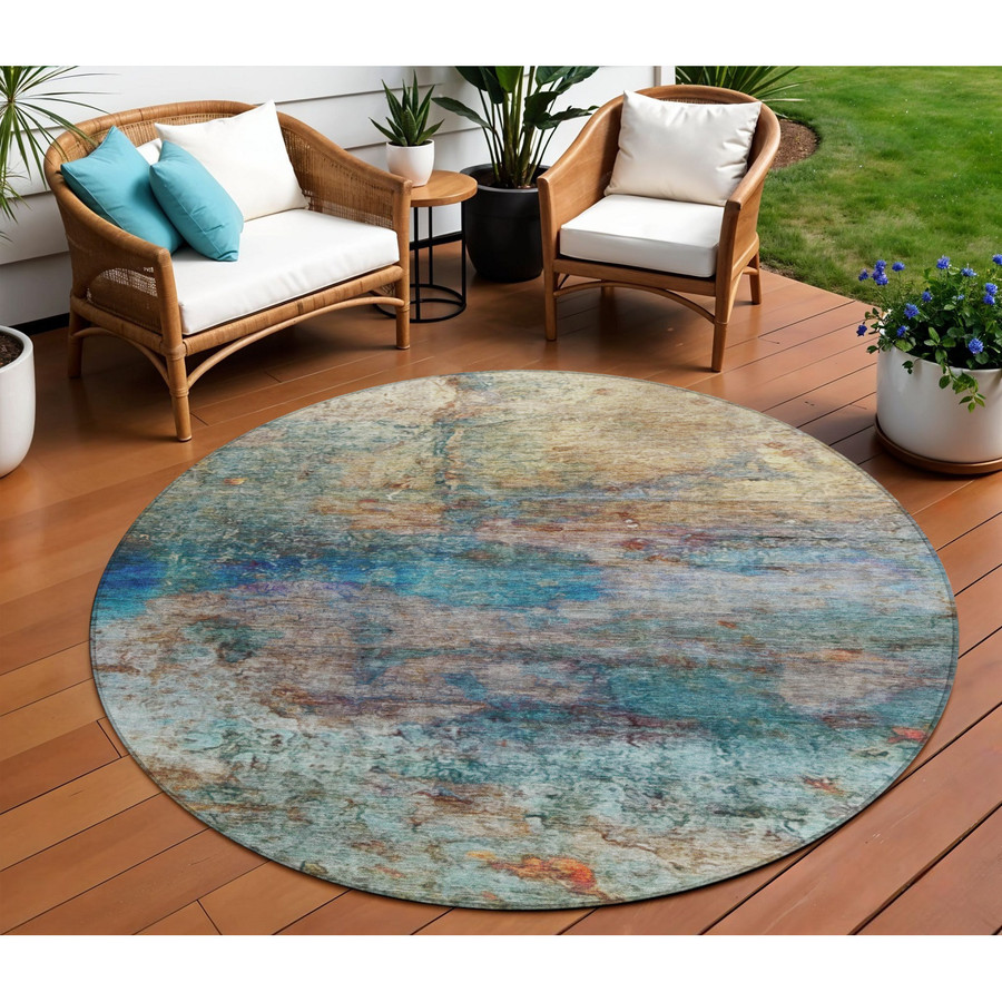 8'' Round Abstract Indoor Outdoor Area Rug Teal Blue Orange Beige Washable Carpet