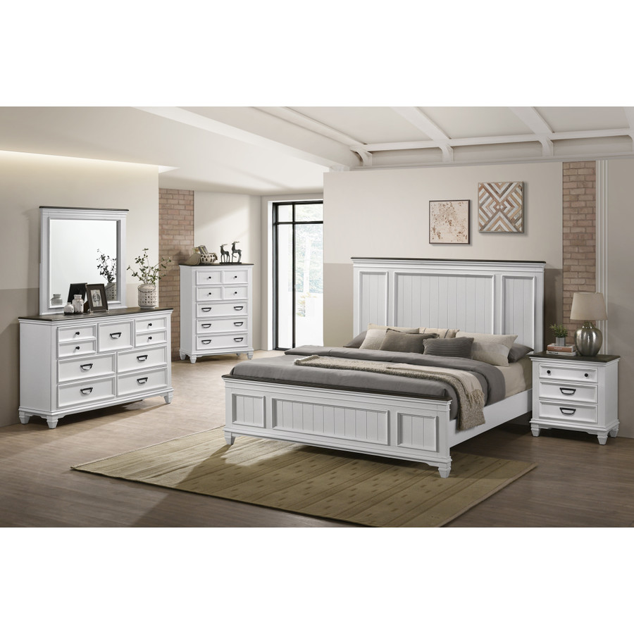 Wood Bedroom 5 Piece Set With Shiplap Panel King Bed Dresser Mirror Chest and One Nightstand