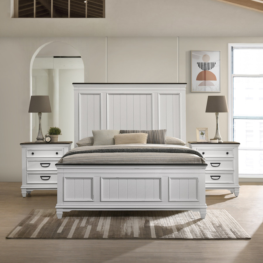 3-Piece Wood Bedroom Set Shiplap Panel Queen Bed and 2 Nightstand