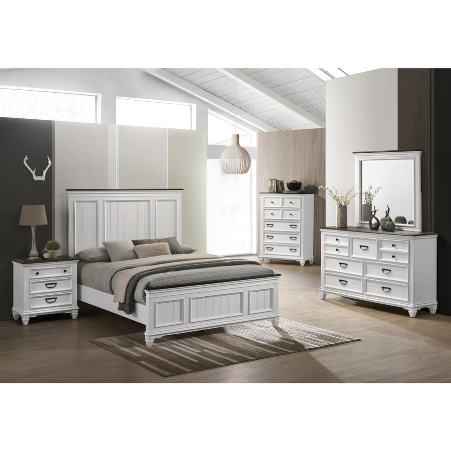 Wood Bedroom 5 Piece Set With Shiplap Panel Queen Bed Dresser Mirror Chest and One Nightstand
