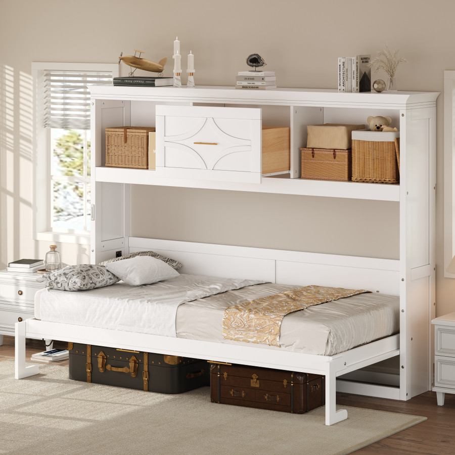 Twin Size Murphy Bed With Charging Station and a Drawer in White Color