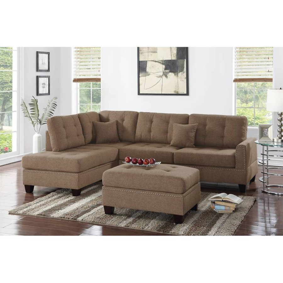 Modern Coffee Color 3pcs Sectional Living Room Furniture Reversible Chaise Sofa and Ottoman