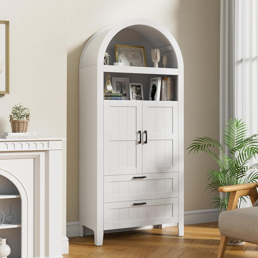 Kitchen Pantry Modern Wooden Farmhouse 6-Tier Arched Bookcase Cabinet