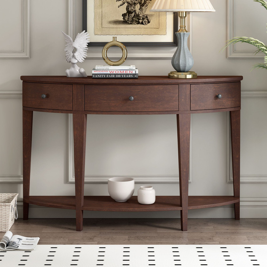 U-Style Modern Curved Console Table with 3 Drawers and 1 Shelf, Brown