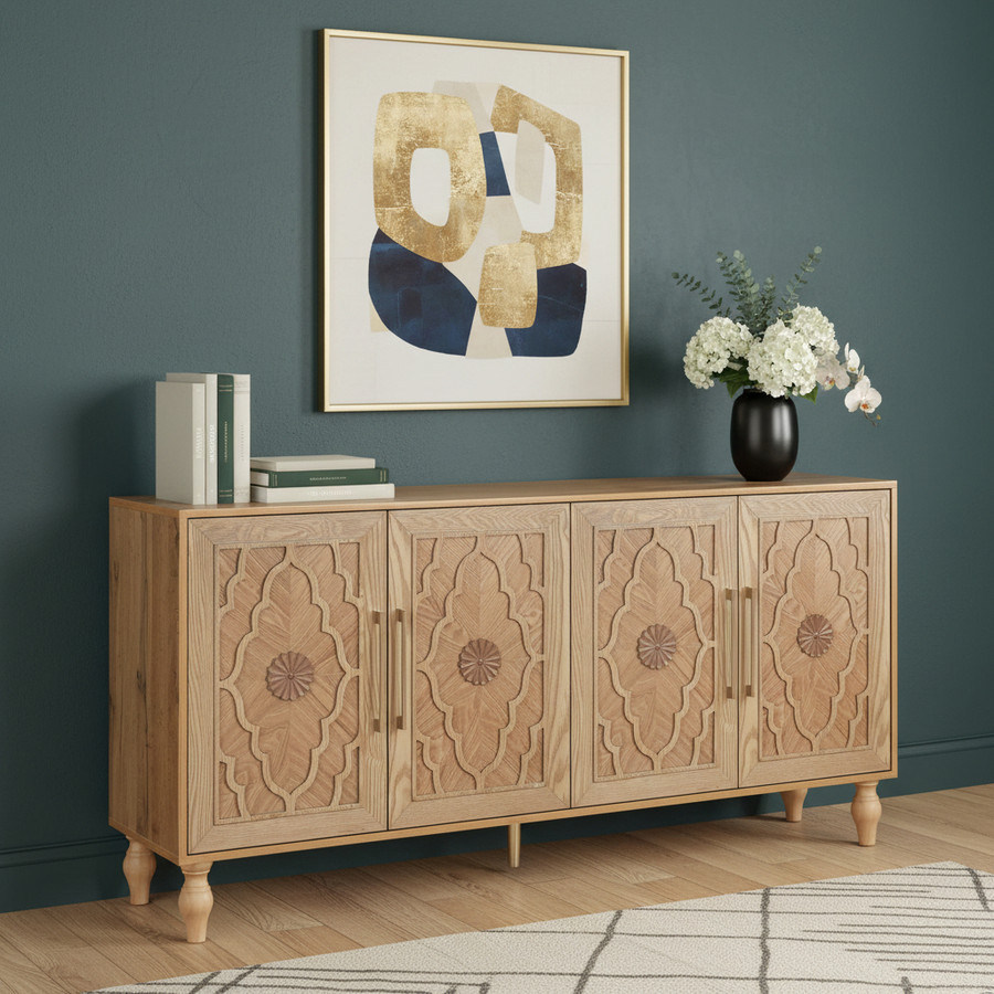 Natural Distressed Carved Geometric Sideboard with Four Doors