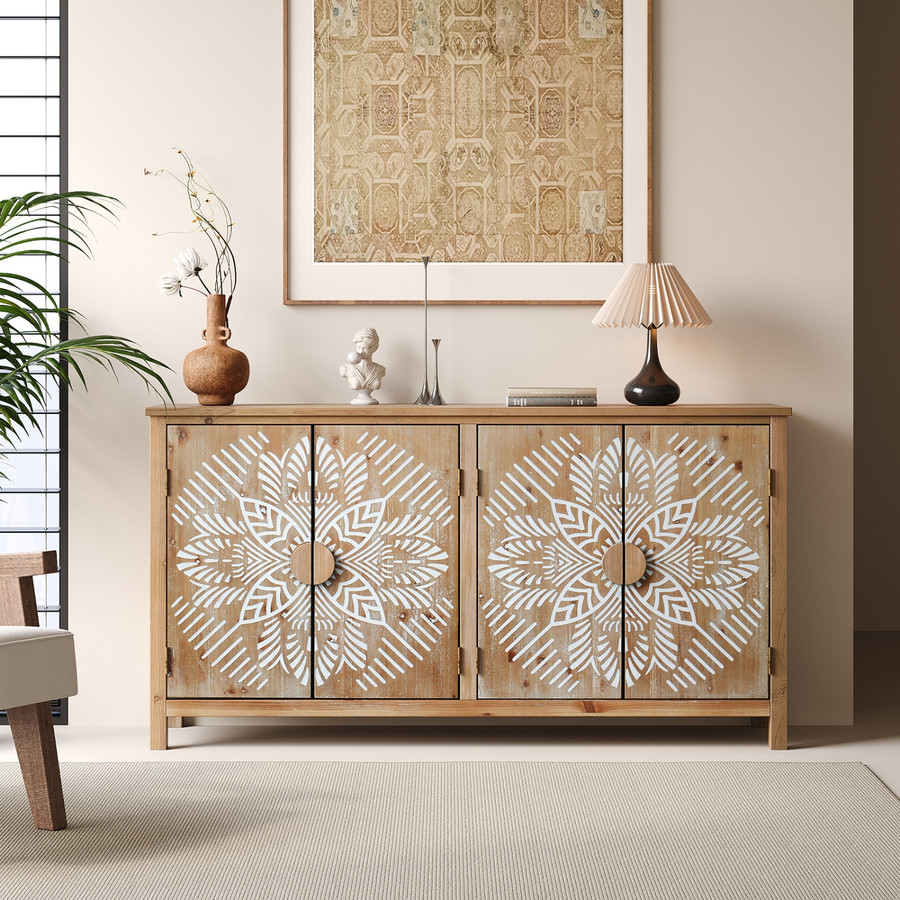 Brown and White Wood Carved Floral Accent Cabinet With Four Doors