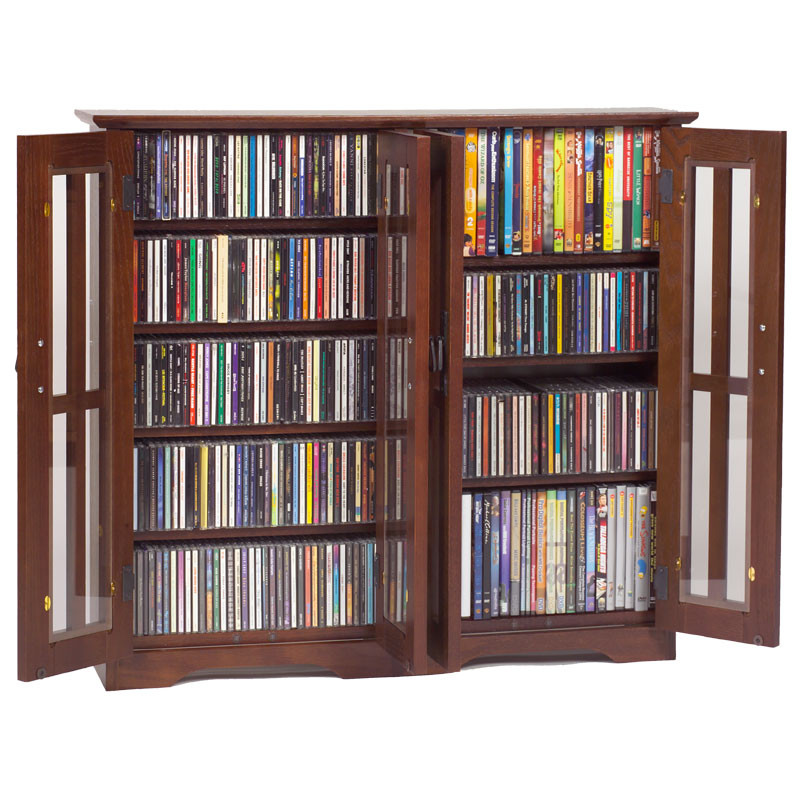 Double Wide Glass Door Mission Style Wall Mount CD/DVD Cabinet - Walnut