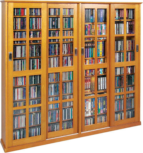 Mission Style CD/DVD Storage with 4 Sliding Glass Doors Oak