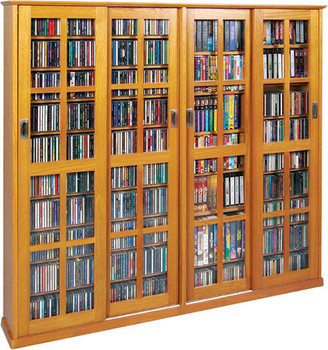 Mission Style 4 Sliding Glass Doors DVD CD Cabinet - Oak