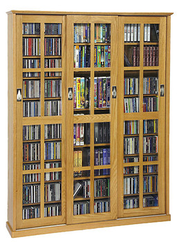 Mission Style 3 Sliding Glass Door CD DVD Cabinet - Oak