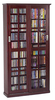 Mission Style Double Sliding Glass Door DVD CD Cabinet - Dark Cherry