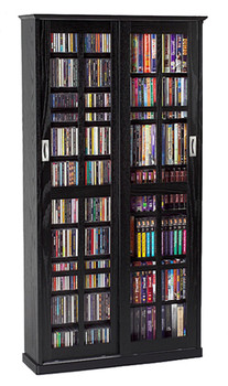 Mission Style Double Sliding Glass Door CD DVD Storage Cabinet - Black