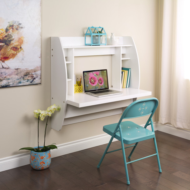 Floating Desk with Storage, White