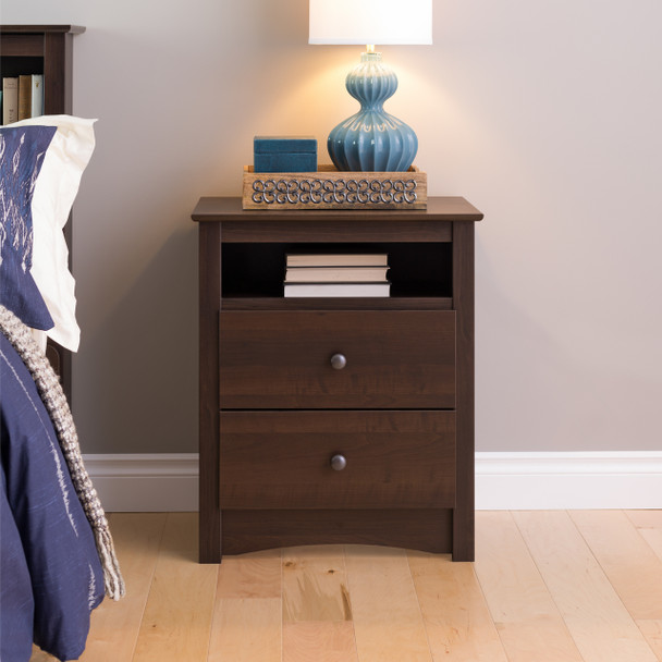 Fremont Tall 2-Drawer Nightstand with Open Shelf, Espresso
