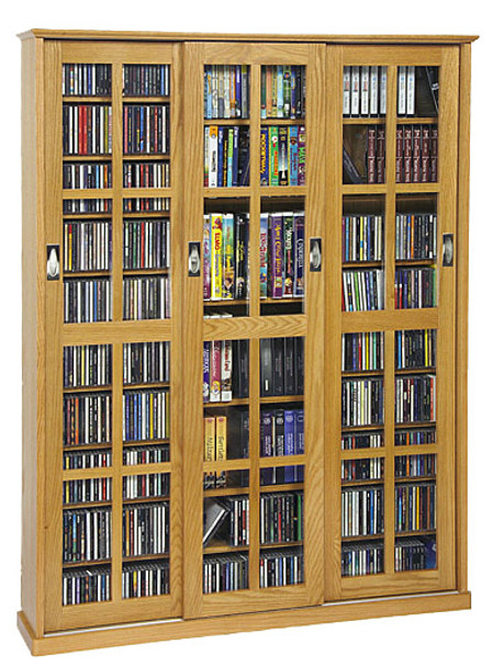 Mission Style 3 Sliding Glass Door CD DVD Storage Cabinet - Oak