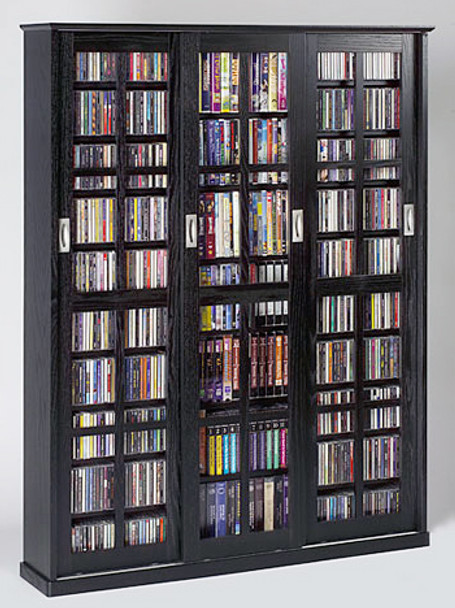 Mission Style 3 Sliding Glass Door CD DVD Storage Cabinet - Black