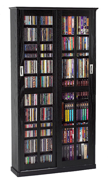 Mission Style Double Sliding Glass Door CD DVD Storage Cabinet - Black