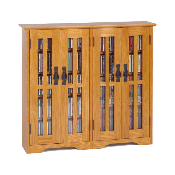 Double Wide Glass Door Mission Style Wall Mount CD DVD Cabinet - Oak