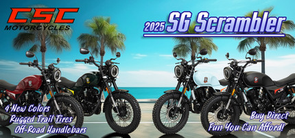 2025 SG250 Scrambler Motorcycle - Comes with Rugged Trail Tires and Off-Road Handlebars