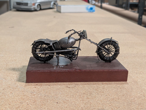 6" Miniature Wire & Metal Chopper Sculpture on Wooden Base – Industrial Desk Decor (6" x 3" x 3")