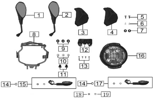 RZ3S Haylon Headlight and Mirror Parts Diagram
