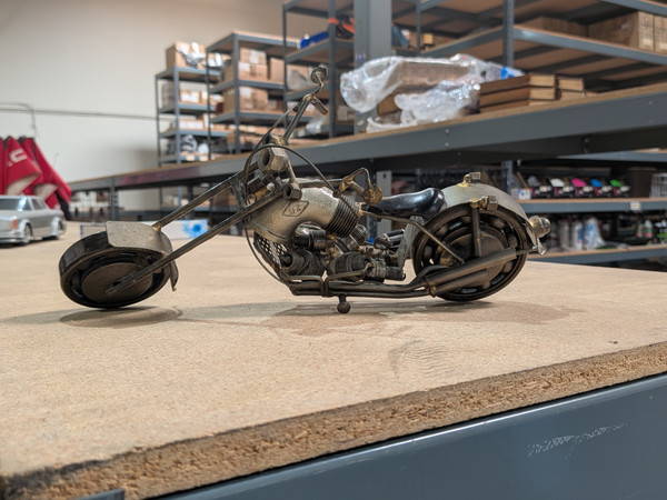 Handcrafted Metal Motorcycle Chopper Sculpture – Scrap Nut & Bolt Industrial Art (13" x 6" x 4")